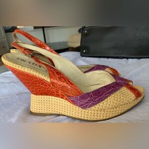 PRADA Slingback Rattan Leather Wedge Open Toe colorful Sandals Shoes sz 8.5-9